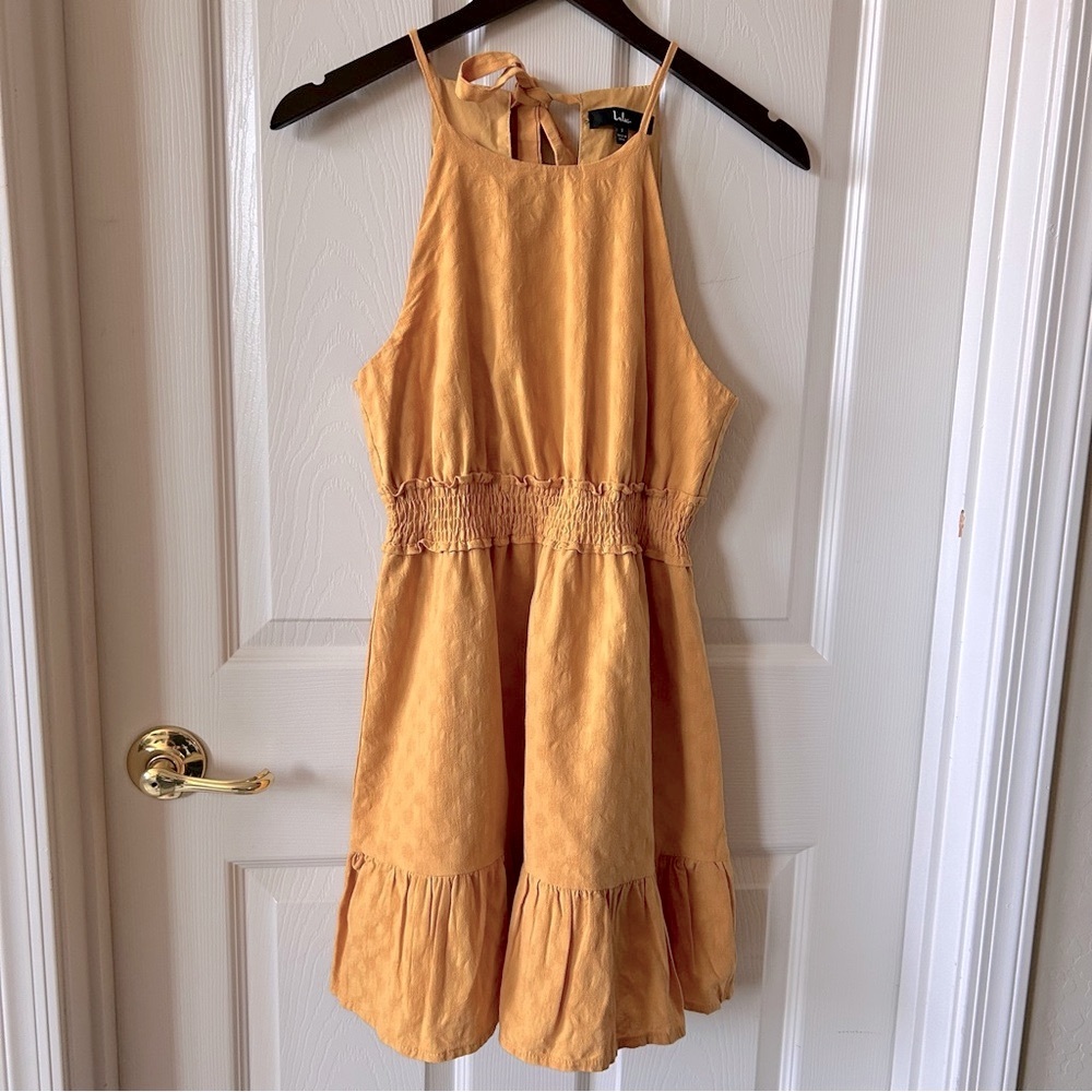 Lulus Yellow 100% Cotton Mini Dress – Open Back Tie, Smocked Waist, Size S